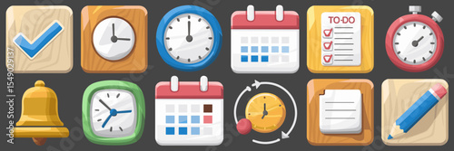 Wooden block icons of productivity tools including calendar, clock, and checkmark