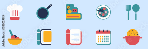 Flat design cooking and recipe manager app icons – Ideal for digital food apps, cookbook interfaces, or culinary startups