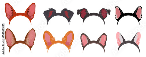 Vector set of hair bands with dog ears clip art in cartoon style isolated on background. Collection of accessories with dog ears