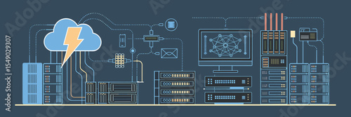 Vector server room with cloud and network icons – Perfect for internet technology articles, cloud architecture infographics, or cybersecurity materials