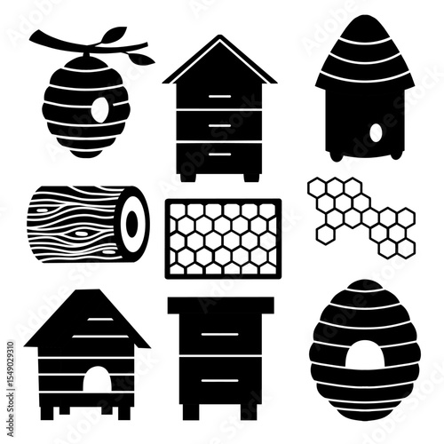 Vector set of monochrome clipart on the theme of beekeeping. Collection of houses for bees, apiaries, beehive, frame with honeycombs.