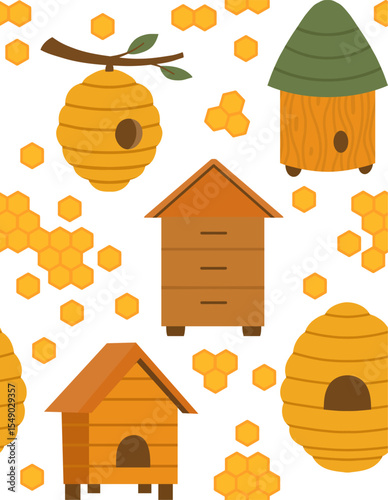Vector beekeeping seamless pattern. Texture with houses for bees, apiaries, beehive, honeycombs on white background