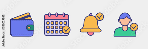 Subscription app icons with wallet, bell, list, calendar, and user – Ideal for mobile payment systems, reminder apps, or account management interfaces.
