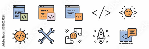 Collection of coding and development tools icons including text editor and terminal
