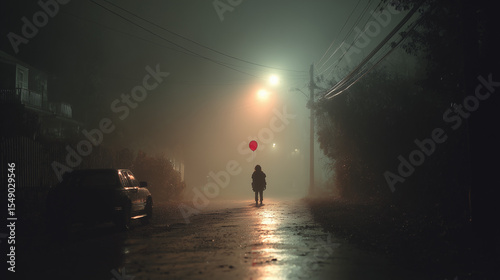Creepy Clown in Foggy Alley Holding Balloon