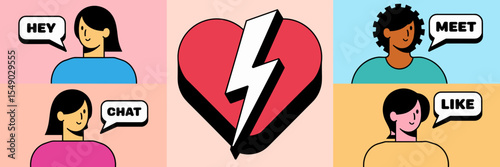 Dating app icons with chat bubbles and heart – Suitable for communication platforms, match-making UX/UI, or social interaction tools.