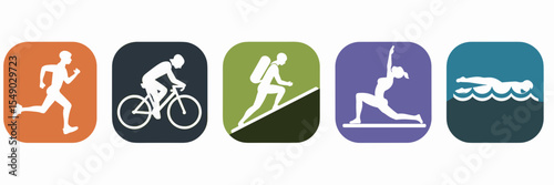 Fitness and outdoor workout app icons with running, cycling, hiking, yoga, and swimming symbols