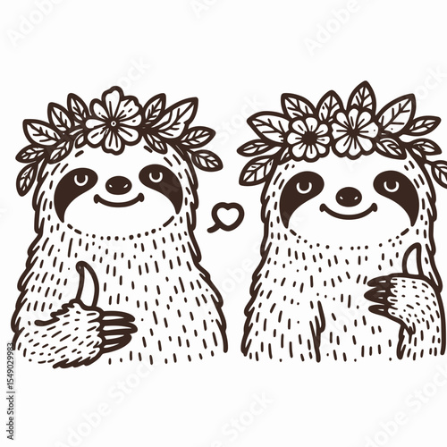 sloth couple wear flower crown making a thumb up gesture. Valentine Love Romance Cupid February Clipart Line Art Vector Illustration. .