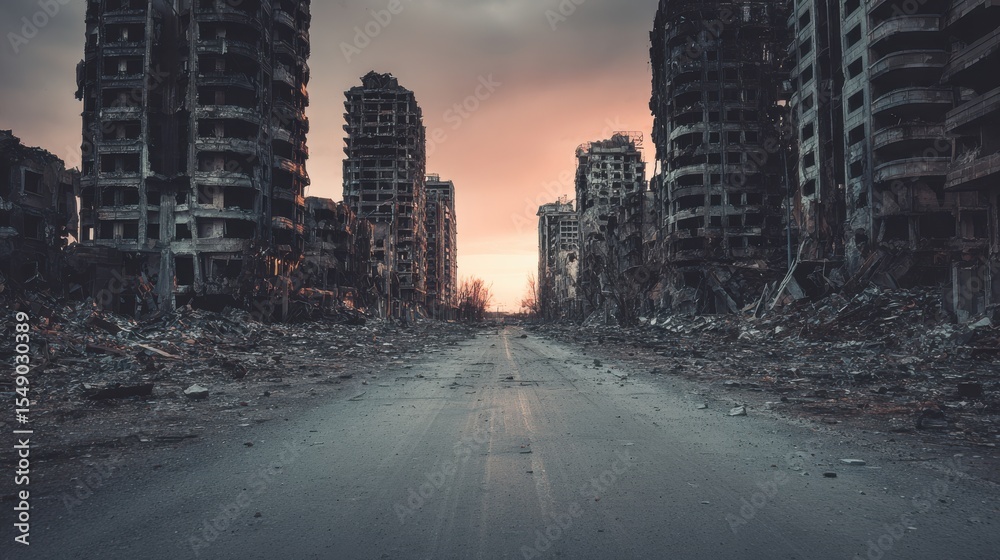 Fototapeta premium Stunning photo of empty street of burnt up city. Apocalyptic view of city downtown as disaster film poster concept. City destroyed by war.