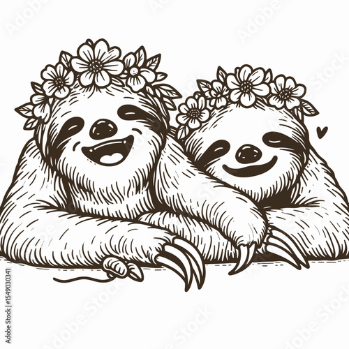 sloth couple wear flower crown lying down on stomach Laughing Together. Valentine Love Romance Cupid February Clipart Line Art Vector Illustration. .