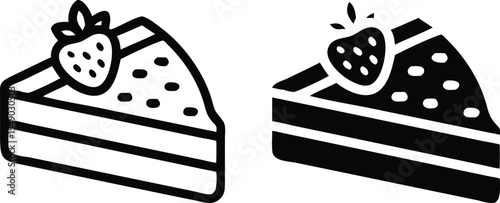Minimalist Layered Cake Slice & Strawberry Icon – Grayscale Line Art Vector Illustration