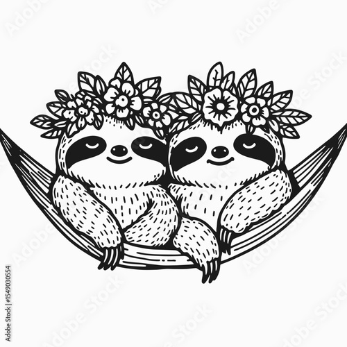 sloth couple wear flower crown Laying on a hammock. Valentine Love Romance Cupid February Clipart Line Art Vector Illustration. Two slow animal adorn headgear relax rope bed in tropical.