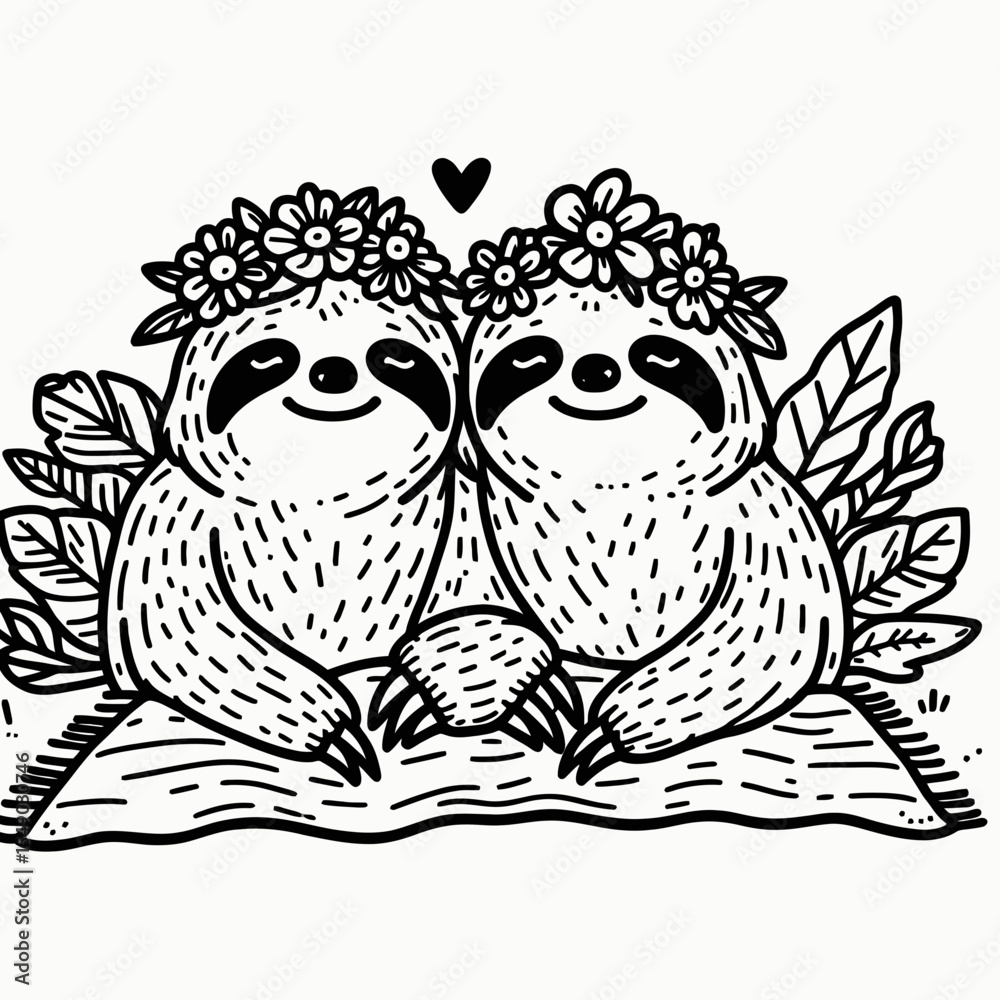 Fototapeta premium sloth couple wear flower crown Laying on a Blanket. Valentine Love Romance Cupid February Clipart Line Art Vector Illustration. Two slow creature adorn bloom wreath resting atop textile.