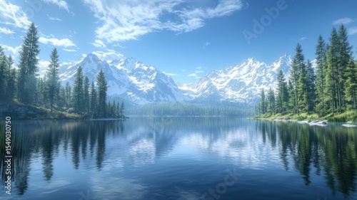 Serene Mountain Lake Reflection with Snowy Peaks and Pine Forest mountain lake forest reflection sky