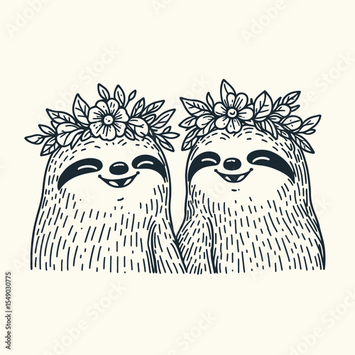 sloth couple wear flower crown Laughing Together. Valentine Love Romance Cupid February Clipart Line Art Vector Illustration. Slow duo adorn bloom garland chuckling combined joy picture.