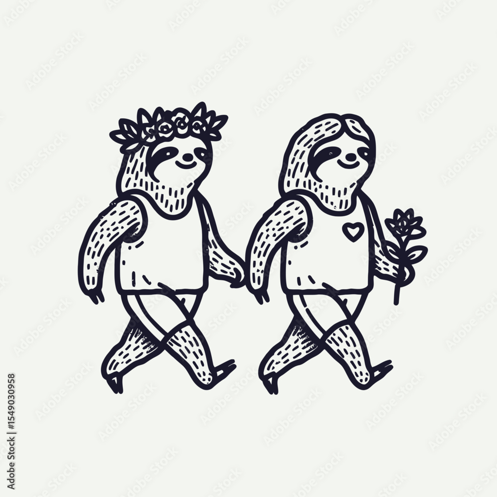 Fototapeta premium sloth couple wear flower crown jogging. Valentine Love Romance Cupid February Clipart Line Art Vector Illustration. Slow pair adorn floral headgear exercise routine.