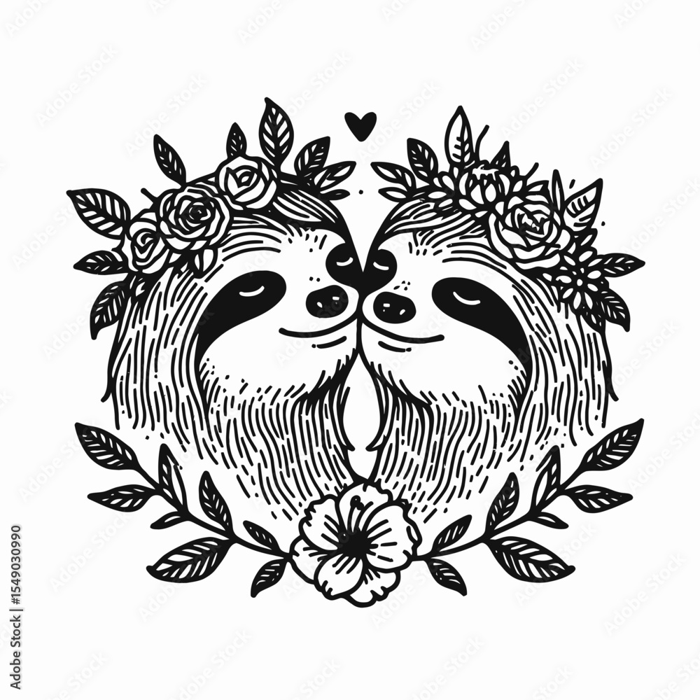 Obraz premium sloth couple wear flower crown Intimate Forehead Kiss. Valentine Love Romance Cupid February Clipart Line Art Vector Illustration. Slow animal pair adorn floral headpiece loving brow peck.