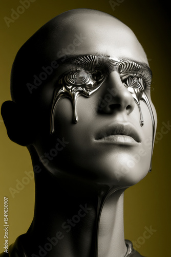 3D render of human face with mechanical eye and yellow background, fusion of technology and synthetic emotion