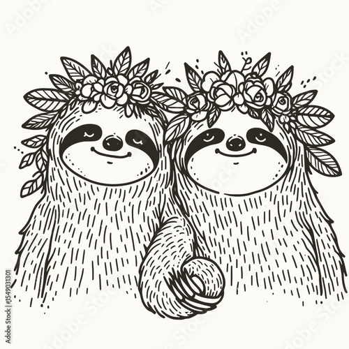 sloth couple wear flower crown Holding hands. Valentine Love Romance Cupid February Clipart Line Art Vector Illustration. Two slow animal mate adorn blossom garland grasp paw in friendship.