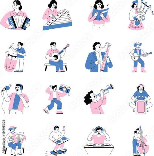 Set of Musician Characters Hand Drawn Illustrations 
