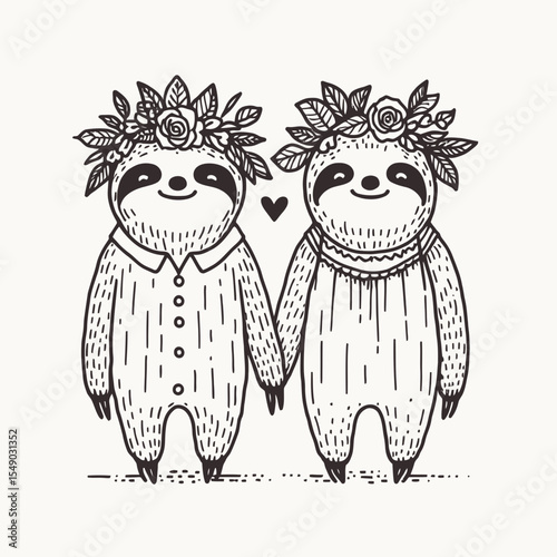 sloth couple wear flower crown Holding hands. Valentine Love Romance Cupid February Clipart Line Art Vector Illustration. Two cute slow mammals in love blossom headband grasp paw.
