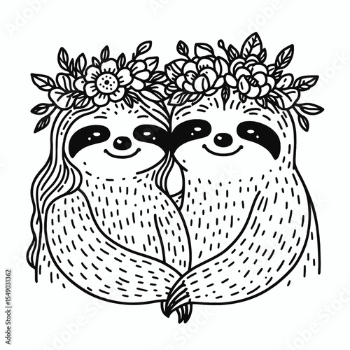 sloth couple wear flower crown Holding each others faces. Valentine Love Romance Cupid February Clipart Line Art Vector Illustration. Mellow duo don floral headpiece grasping visage lovely.
