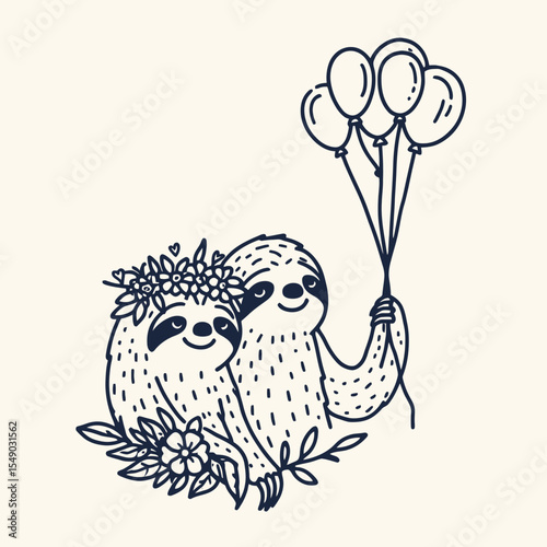 sloth couple wear flower crown Holding balloons or releasing them together. Valentine Love Romance Cupid February Clipart Line Art Vector Illustration. Cute two toed pair having fun.