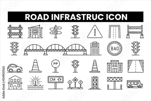 Set of outline icons related to road  infrastruc . Linear icon collection. Editable stroke. Vector illustration