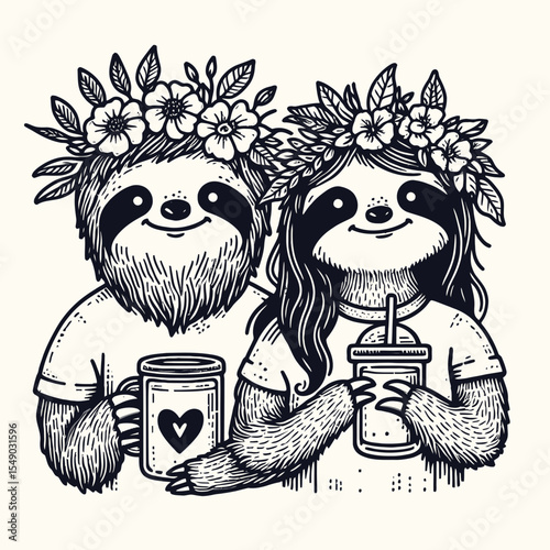 sloth couple wear flower crown hold coffee mug drink coffee. Valentine Love Romance Cupid February Clipart Line Art Vector Illustration. Slow pair adorn floral headpiece grasp java container.