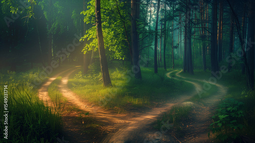 A mystical crossroads splitting into two paths in an enchanted forest, golden light through ancient trees. Choices and mystery in a magical woodland.
