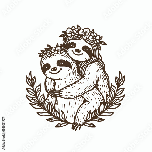 sloth couple wear flower crown Giving a piggyback ride. Valentine Love Romance Cupid February Clipart Line Art Vector Illustration. Slow animal pair with floral head decoration one offers.