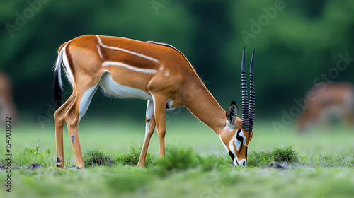 Grazing gazelle in a lush green landscape at dawn