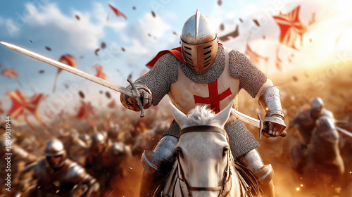 Knights charge into battle on horseback during a medieval conflict