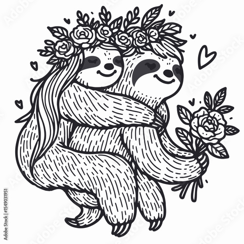 sloth couple wear flower crown Giving a piggyback ride. Valentine Love Romance Cupid February Clipart Line Art Vector Illustration. Pair of slow mammal carry another on back adornment head.