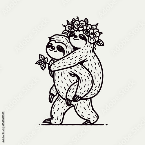 sloth couple wear flower crown Giving a piggyback ride. Valentine Love Romance Cupid February Clipart Line Art Vector Illustration. Slow pair with floral headpiece one carries another cute.