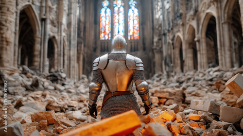Knight surveys the ruins of a historic cathedral in daylight