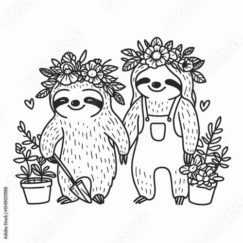 sloth couple wear flower crown Gardening together. Valentine Love Romance Cupid February Clipart Line Art Vector Illustration. Slowmate pair sport bloom wreath cultivation hobby jointly.