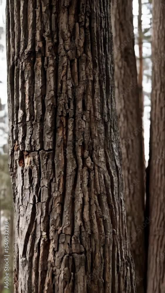 Close-up of a deeply textured tree trunk in a forest setting, showcasing patterns and natural beauty of bark with shallow depth of field.
