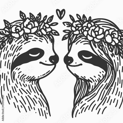 sloth couple wear flower crown Eyes Locked in Intimacy. Valentine Love Romance Cupid February Clipart Line Art Vector Illustration. Slow pair adorn floral headpiece gaze into each other.
