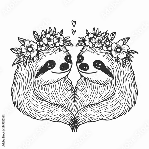 sloth couple wear flower crown Eyes Locked in Intimacy. Valentine Love Romance Cupid February Clipart Line Art Vector Illustration. Two slow beasts with bloom garland staring closeness.