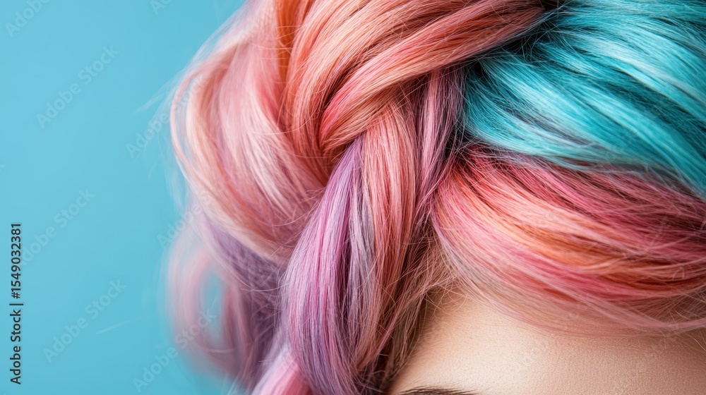 Naklejka premium A stunning view of beautifully styled pastel hair incorporating shades of pink and blue, showcasing contemporary hair fashion trends with a touch of artistic flair and creativity.