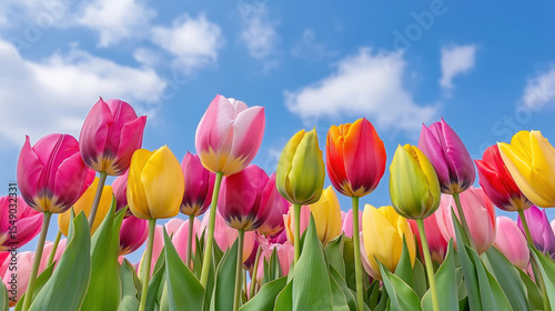 Colorful tulips bloom under a bright sky in a spring garden