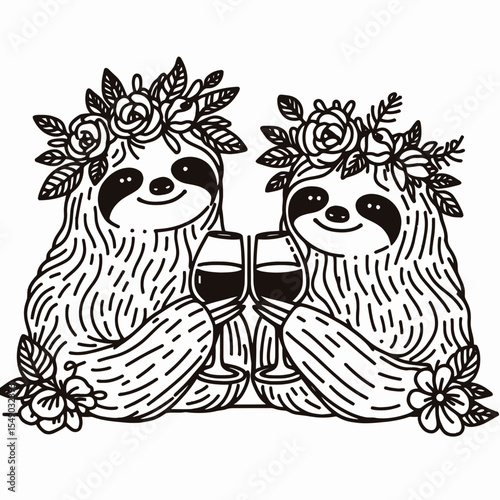 sloth couple wear flower crown Elegant Wine Toast. Valentine Love Romance Cupid February Clipart Line Art Vector Illustration. Slow duo adorn bloom garland refined vino cheer special.