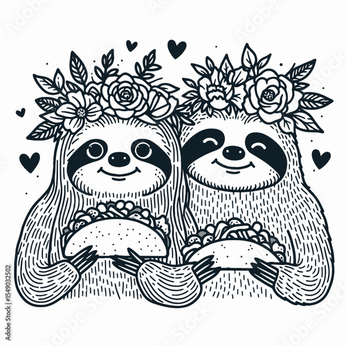 sloth couple wear flower crown eat taco. Valentine Love Romance Cupid February Clipart Line Art Vector Illustration. Slow pair with floral headpiece enjoy wrap meal leisurely time.