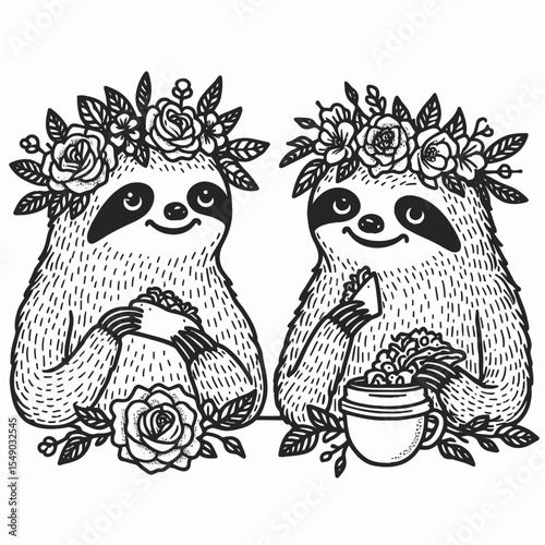 sloth couple wear flower crown eat taco. Valentine Love Romance Cupid February Clipart Line Art Vector Illustration. Slow duo adorn blossom wreath consume wrap delightful animal.
