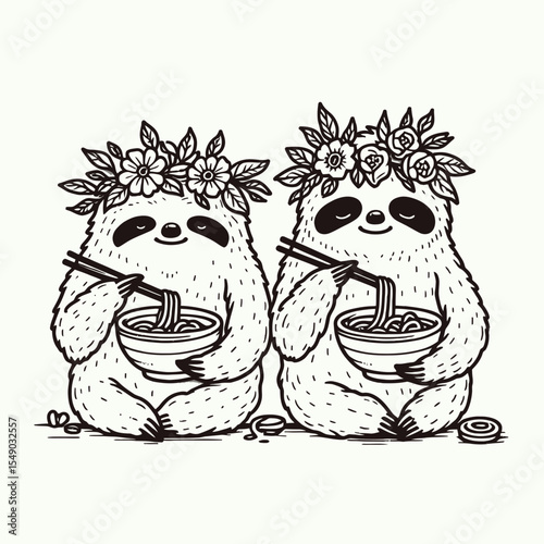 sloth couple wear flower crown eat ramen. Valentine Love Romance Cupid February Clipart Line Art Vector Illustration. Pair of slow mammal don floral headpiece consume noodle bowl meal.