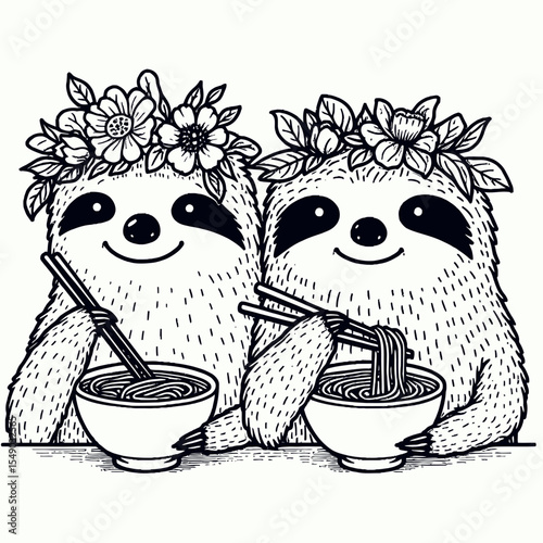 sloth couple wear flower crown eat ramen. Valentine Love Romance Cupid February Clipart Line Art Vector Illustration. Slow pair adorn floral headpiece ingest noodle bowl.