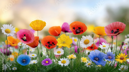 Colorful flowers bloom in a vibrant spring meadow