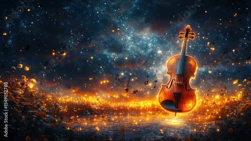 Ethereal Violin in Fantasy Landscape with Glowing Flowers and Cosmic Sky glowing fantasy ethereal
