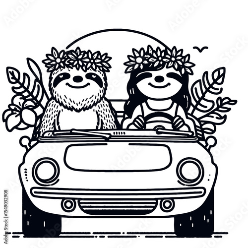 sloth couple wear flower crown drive retro sport car. Valentine Love Romance Cupid February Clipart Line Art Vector Illustration. Slow pair adorn bloom diadem cruise antique racer auto.